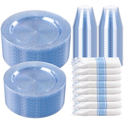 DaYammi 350PCS Blue Glitter Plastic Dinnerware Set for 50 Guests - color: Blue Glitter, size: 350PCS（50 Guests)