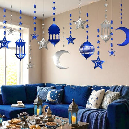 Cheerland Silver Blue Ramadan Decorations for Home Star Moon Lantern Garland Islamic Hanging Streamer Backdrop Eid Mubarak Decorations Lesser Bairam Holiday Celestial Banner Night Party Supplies 16pcs