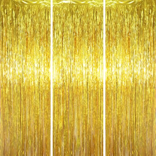 Voircoloria Gold Foil Fringe Backdrop Curtains, 3.3x6.6ft, 3pcs - color: Gold