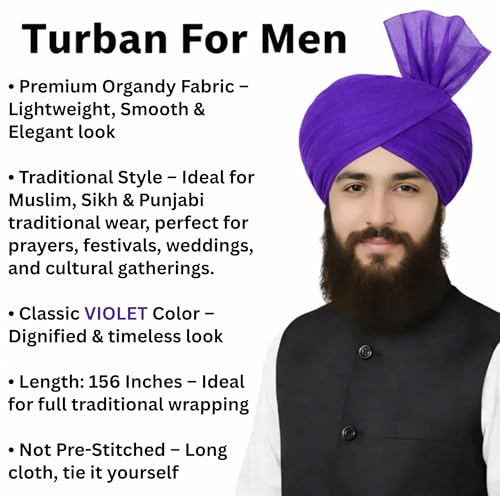 Turban For Men (156 Inches) Long Cloth – Muslim, Sikh, Punjabi Headwrap | For Prayer, Festivals & Special Occasions - color: Violet