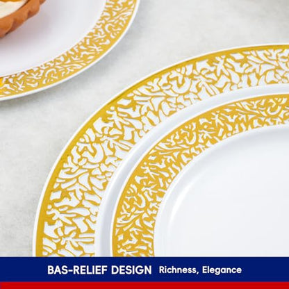 150 Count Gold Plastic Dinnerware Set, Elegant Disposable Include: 25 Gold Lace Plastic Plates, 25 Dessert Plates, 25 Forks, 25 Knives, 25 Spoons, 25 Cup, Ideal for Party, Birthday and Thanksgiving