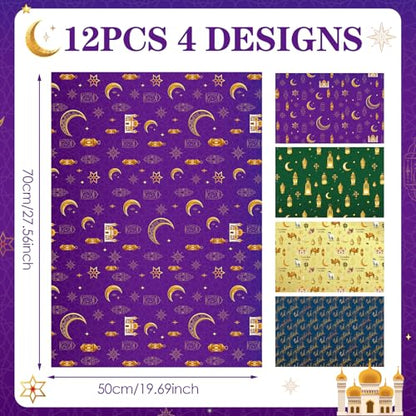 TAKEALOOK Eid Mubarak Gift Wrapping Paper - 12 Sheets Ramadan Kareem Paper, Muslim Arabic Islamic Crescent Moon Lantern Designs for Eid Al-Adha & Hajj Festival Party Decorations