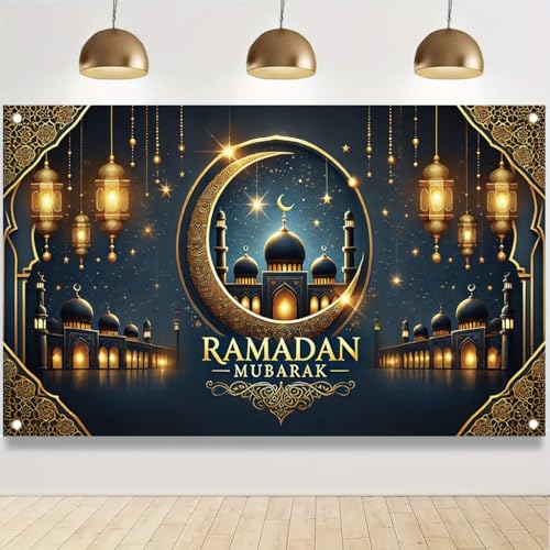 Ramadan Mubarak Banner 71x43 Inch Crescent Moon Mosque Lantern Theme Party Decoration for Eid Festival Indoor Outdoor Wall Hanging - color: Style 2