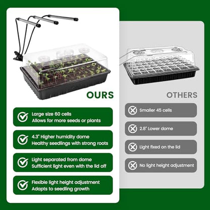 SOLIGT 60 Cell Seed Starter Kit with Grow Light and Heat Mat, Seed Starter Tray with Higher 4.3” Humidity Dome, Flexible Light Positioning for Seed Starting & Seedling Growth - size: 1 SET
