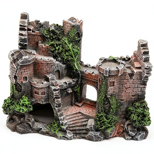 Aquarium Resin Castle Decoration, Air Bubbler Stone Cave Hideout House for Betta Fish, Shrimp & Turtles, Fish Tank Ornament Accessories for Breeding, Playing & Resting ，Decorative Bubbling Castle