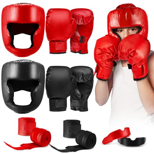 Kanayu 12 Pcs Kids Boxing Equipment Set for Beginners Ages 6-18 Years Including Boxing Helmet and Gloves Hand Wraps Sport Mouthguards Taekwondo Sparring Gear for Kids and Children - color: Black, Red