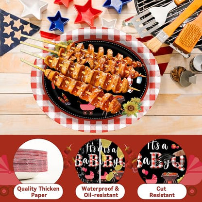 Qyeahkj BBQ 타원형 종이 접시 50개, 대형 27.9cm(11인치) 일회용 바비큐, 여름 파티 장식, It's a Baby Q 용품, BBQ 모임, 피크닉 파티, 식기 세트를 위한 선물 - style: BBQ