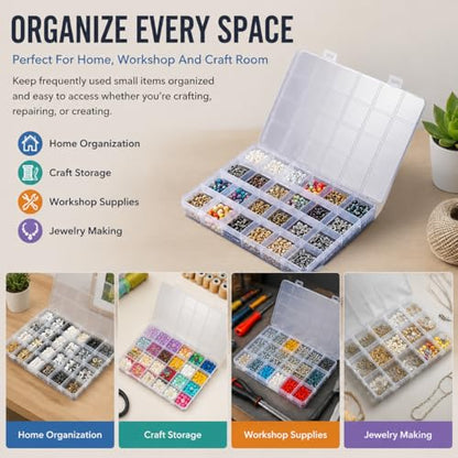 2 Pcs 24 Grid Plastic Organizer Boxes Small Parts Organizer Bead Storage Containers Jewelry Findings Organizers Box Earring Screw Holder Transparent Storage Case with Fixed Dividers