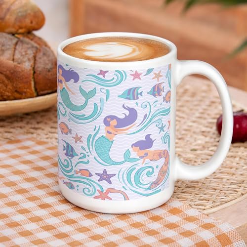 Mermaid Ceramic Coffee Mug, Underwater Playful Fish Starfish Summer Aqua Novelty Work Drinking Mugs with Handle Ideal for Friendship Family Colleague Staff Sweetheart Teachers 15 Oz - size: 15 Ounces