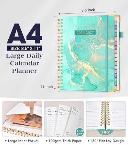 Academic Planner 2026-2027, 18 Months Weekly and Monthly Hardcover Planner, July 2026 - December 2027, 8.5" x 11" A4 Large Daily Calendar Planner Book with Tabs, Spiral College School Agenda Organizer for Student Teacher, Teal Marble - color: Teal Marble,