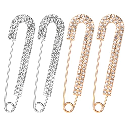4 PCS Rhinestone Safety Pin Brooch, Metal Elegant Decorative Safety Pins for Clothes, Silver and Gold Crystal Big Safetys Pins Vintage Large Sweater Shawl Clips for Women Skirts Scarf Shirt