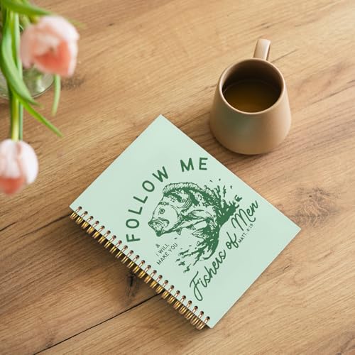 WUCHJ Green Retro Fish Christian Notebook, Matthew 4:19 Bible Verse Journal, Religious Scripture Spiral Notebook Journal for Note Taking, Christian Faith Based Gifts for Women Men, 5.5x8.3 Inch - color: green fish follow me