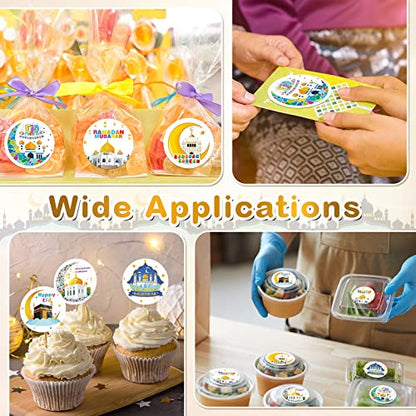 Nezyo 600 Pieces Ramadan Mubarak Stickers Eid Islamic Kareem Wall Window Stickers Ramadan Envelopes Gift Bags Labels for Eid Party Decorations(Cartoon Style) - style: Cartoon Style