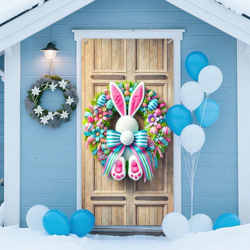 IVN Easter Door Cover 71x35 Inch Holiday Front Porch Door Banners Decoration Spring Bunny Ears and Egg Garland for Sign Background Holiday Party Indoor Outdoor Decor - color: Easter Bunny