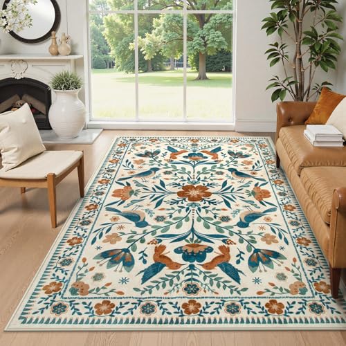 Moynesa Floral Bird 6x9 Area Rug for Living Room Bedroom Dining Room, Retro Home Decorations for Modern Bohemian Farmhouse Open Areas, Family Friendly Comfort Floor Protection Non-Slip Washable - color: Beige, size: 6' x 9' (Rectangular)