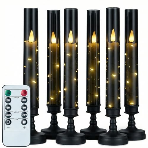 6PCS Flameless Candles with Timer, Flickering Fake Electric LED Candles for Romantic Ambiance, Battery Operated Candles, Centerpiece Table Decorations, Wedding, Halloween, Christmas (Black) - color: Black