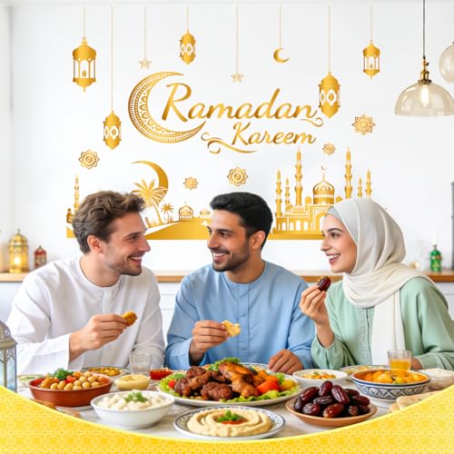 Ramadan Decorations for Home Ramadan Kareem Wall Stickers Islamic Muslim Wall Decals with Lantern Moon Star Designs Eid Mubarak Arabic Party Decor for Living Room Bedroom Window
