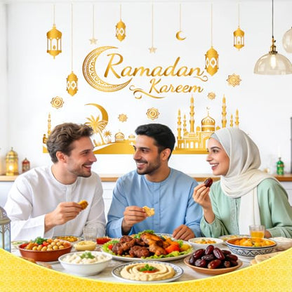 Ramadan Decorations for Home Ramadan Kareem Wall Stickers Islamic Muslim Wall Decals with Lantern Moon Star Designs Eid Mubarak Arabic Party Decor for Living Room Bedroom Window