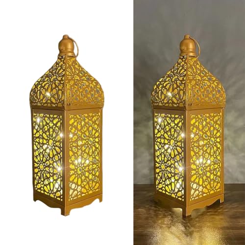 Moroccan Lightweight Ornate Lantern Lamp, Moroccan LED Lantern Decorative Indoor for Indian Wedding, Eid, Ramadan, Events - color: Medium Gold