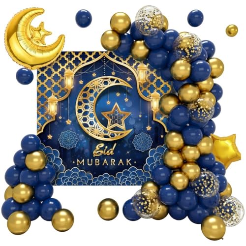 1set Eid Mubarak Decorations for Home, Gold Balloons Arch Garland Kit with Moon Star Balloons Eid Mubarak Backdrop Banner for Ramadan Islamic Party Decoration - color: Blue