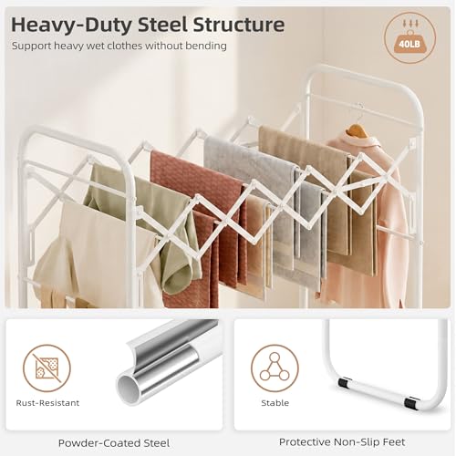 STORAGE MANIAC Clothes Drying Rack Foldable for Indoor Outdoor Use, White | 13 Drying Rails Accordion | Antirust Metal Free-Standing Laundry Drying Rack for Clothing Towels | 16.9"D x 36.4"W x 38.2"H
