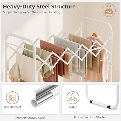 STORAGE MANIAC Clothes Drying Rack Foldable for Indoor Outdoor Use, White | 13 Drying Rails Accordion | Antirust Metal Free-Standing Laundry Drying Rack for Clothing Towels | 16.9"D x 36.4"W x 38.2"H