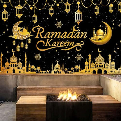 Ramadan Banner Backdrop 71x43inch Ramadan Decorations, Ramada n Decor for Home Office, Islamic Festival Party Supplies with Traditional Moon Star