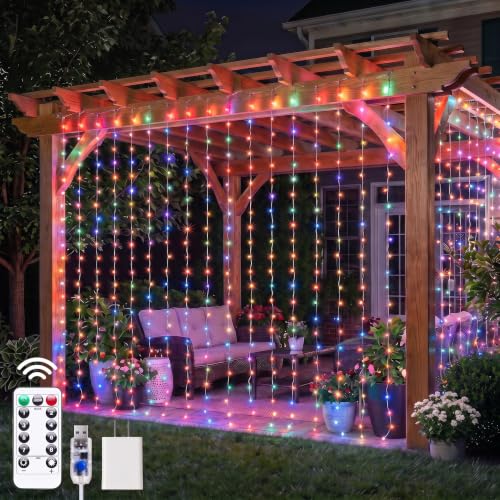 Brightown 300 LED Curtain String Lights, 9.8 FT Hanging Fairy Lights with Remote, 8 Modes, Waterproof Window Lights for Bedroom Backdrop Wedding Outdoor Christmas Decoration, Multicolor - color: Multicolor, size: 300LEDs