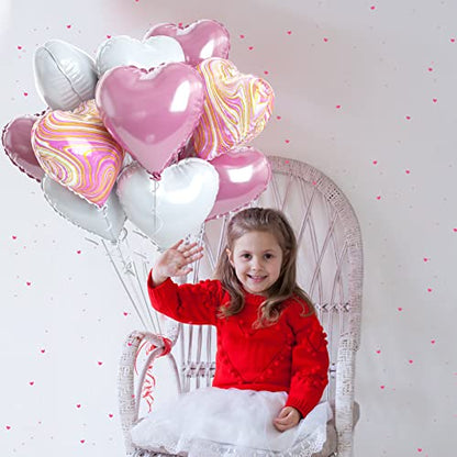 Pink Agate Heart Balloons, 10 Pcs White Foil for Valentine Girls Birthday - color: Glossy-pink White Agate