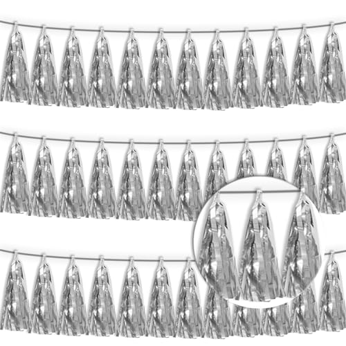 3P Silver Tassel Banner Garland Metallic Foil Fringe Banner Tinsel Tassels Streamer Banner Backdrop for Parade Floats, 2025 Graduation Decorations, Christmas, Wedding Party Decoration - color: Silver