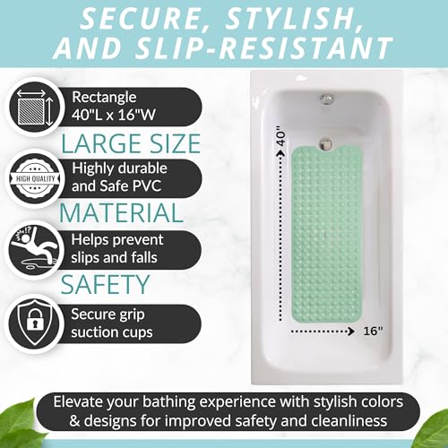 ENKOSI Non-Slip Bath & Shower Mat 40x16 Extra Long, Suction & Drain Holes | Aqua Green color; Durable PVC; 40x16 in, Aqua Green - color: Aqua Green