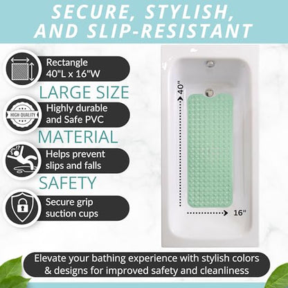 ENKOSI Non-Slip Bath & Shower Mat 40x16 Extra Long, Suction & Drain Holes | Aqua Green color; Durable PVC; 40x16 in, Aqua Green - color: Aqua Green