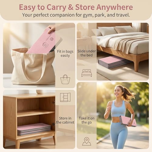 Foldable Fitness Mat, Extra Thick,Extra Long Wide Non-Slip TPE Exercise Mat for Yoga, Pilates & Home Gym Workouts(Pink)