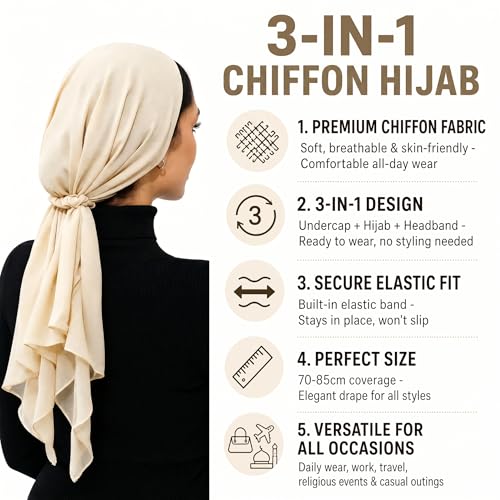 Elastic Band Muslim Headscarf, Chiffon Hijab(70-85cm), Soft Breathable Head Scarf for Daily Wear, Religious Occasions - color: Beige