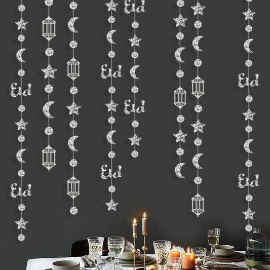 Silver Paper Star Moon Dot Eid Garlands Birthday Party Decorations Hanging Crescent Twinkle Little Star Streamer Bunting Banner for Islamic Holiday Ramadan EID Mubarak Baby Shower Party Supplies - color: Silver