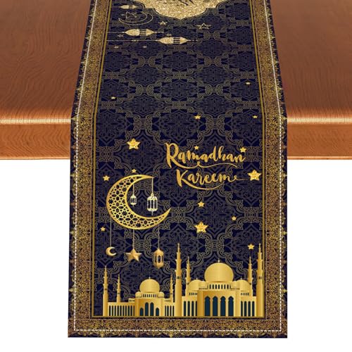 Ramadan Mubarak Table Runner, Vintage Ramadan Kareen Mosque Lantern Islamic Castle Moon Luxury Seasonal Kitchen Dining Table Scarf for Kitchen Living Room Home Party Decor 13"x36" - color: Ramadan02, size: 13x36" Table Runner