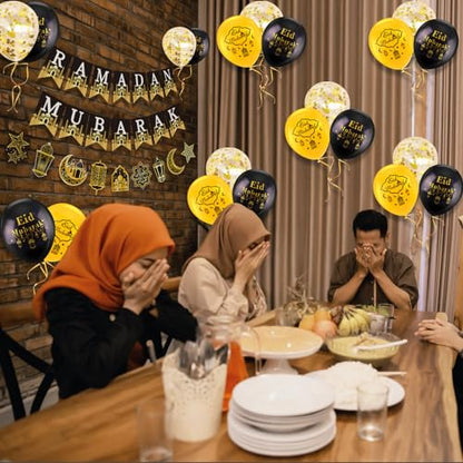 AhfuLife Eid Mubarak Banner Set Decorations, 4 Pcs Preassembled Eid Mubarak Banners with 16 Pcs Balloons, Reusable Black and Golden Ramadan Decoration, Star Moon Garland Decor for Muslim Party