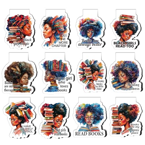 Black Girl Magnetic Bookmarks Gifts - Wxiben 12 Pcs African American Women Magnet Book Marker for Reading Inspirational Books Mark Page Clips for Book Lovers Women School Office Supplies - color: Black Girl