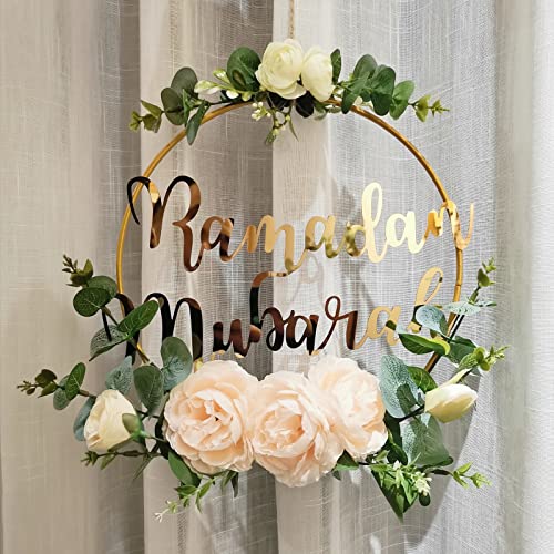 Ramadan Mubarak Wreaths Decorations, Artificial Pink Camellia Metal Hoop Floral Wreath, Eid Mubarak Garland Decor, for Farmhouse Door Wall Window Indoors Outdoor - color: Green,pink