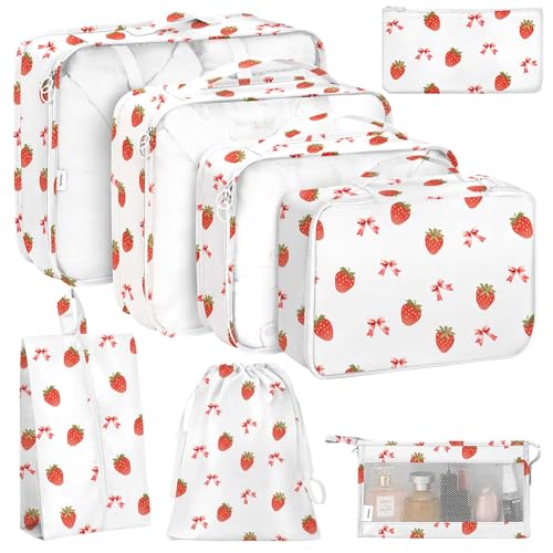 KPX 8 Set Packing Cubes for Travel, Luggage Packing Organizers Accessories Large Toiletries Bag for Clothes Shoes Cosmetics (Strawberry+Butterfly) - color: Strawberry+Butterfly