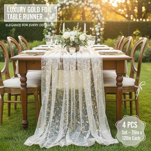 4PCS Gold Sequin Table Runner, 29x120 Inch Sheer Tulle Metallic Foil Table Runners for Wedding Birthday Party Anniversary Holiday Table Decor