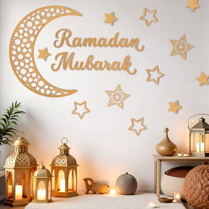 Rmeosye Ramadan Mubarak Wall Decor Set, Moon and Star Islamic Wooden Wall Art Sign for Ramadan Eid Decorations, Muslim Home Decor for Living Room, Bedroom, or Prayer Space