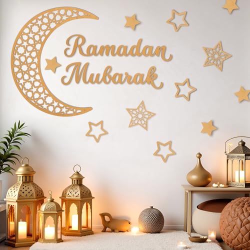 Rmeosye Ramadan Mubarak Wall Decor Set, Moon and Star Islamic Wooden Wall Art Sign for Ramadan Eid Decorations, Muslim Home Decor for Living Room, Bedroom, or Prayer Space