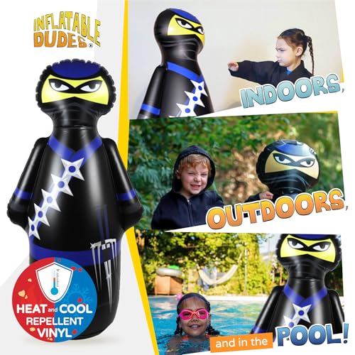 INFLATABLE DUDES Black Ninja Toy 47” - Kids Punching Bag | Sand-Base | Bop Bag, Pre-filled with Sand, Inflatable Toy, Punching Bag for Kids, Enhanced Bounce-Back Action, Indoor/Outdoor - color: Black/Blue Standard Ninja | Pre-filled with Sand