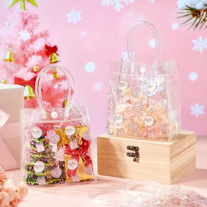 Aliceset 24 Pcs Pink Christmas Gift Bags with Handles Bulk Clear PVC Xmas Party Favor Bags Plastic Gift Wrap Totes for Holiday Presents Wrapping Treat Supplies(Santa Claus, 6.31"x 5.91"x 3.15") - style: Santa Claus