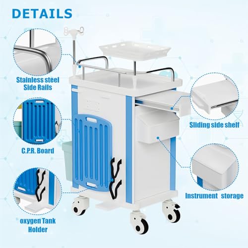 Crash Cart with Central Lock - Mobile Emergency Treatment Trolley with IV Pole, Cardiac Board, O₂ Tank Holder, Trash Bin & 5 Drawers for Clinics Nursing Center (Blue) - color: Blue