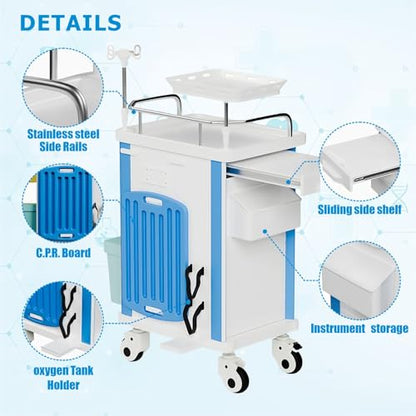 Crash Cart with Central Lock - Mobile Emergency Treatment Trolley with IV Pole, Cardiac Board, O₂ Tank Holder, Trash Bin & 5 Drawers for Clinics Nursing Center (Blue) - color: Blue