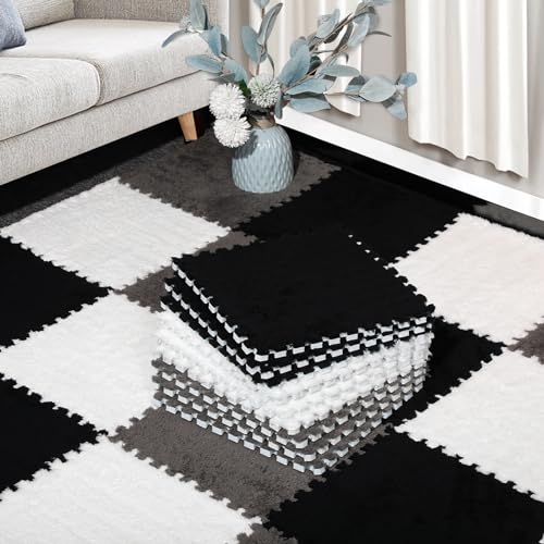 12 Pcs Plush Interlocking Carpet Tiles, Non-Toxic Foam Carpet Tiles for Toddler Baby, Anti-Slip, EVA Foam Interlocking Tiles for Floor, Nursery, Playroom, Grey White Black - color: Black,white,grey, size: 12P