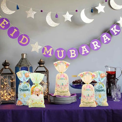 Unigift 50 Pcs Eid Mubarak Treat Bags with Twist Tie,Ramadan Party Favor Bag Crescent Moon Star Castle Pattern Eid al-Fitr Kareem Goodie Candy Bag Cookies Snack Gift Bags for Muslim Party Supply