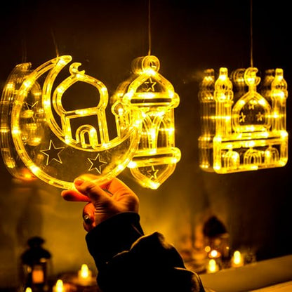 LOLStar Ramadan Decorations, 3 Pack Warm White Lantern, Moon, Mosque Eid Mubarak Window Lights Battery Operated Hanging LED Lights with Timer Function & Slow Fade Mode, Perfect Decor for Eid al Fitr - style: Lantern, Moon, and Mosque